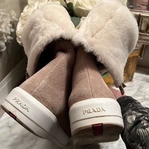 Prada authentic suede nude fold over booties shearling zip side wearable 4 ways